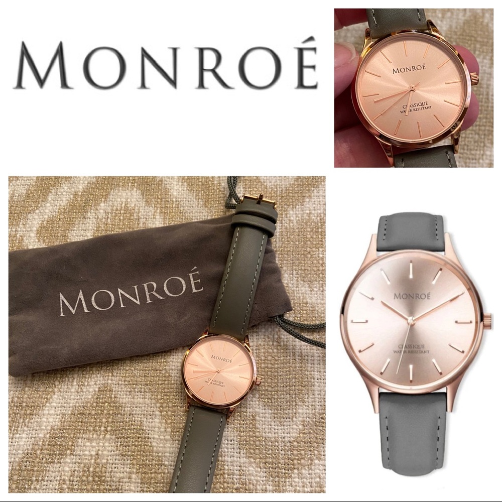 Monroe Solerose Grey Leather Rose Gold Watch NWOT